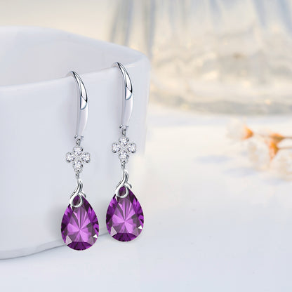 925 Silver 5A CZ Diamond Four Leaf Clover Dangle Earring (Purple)