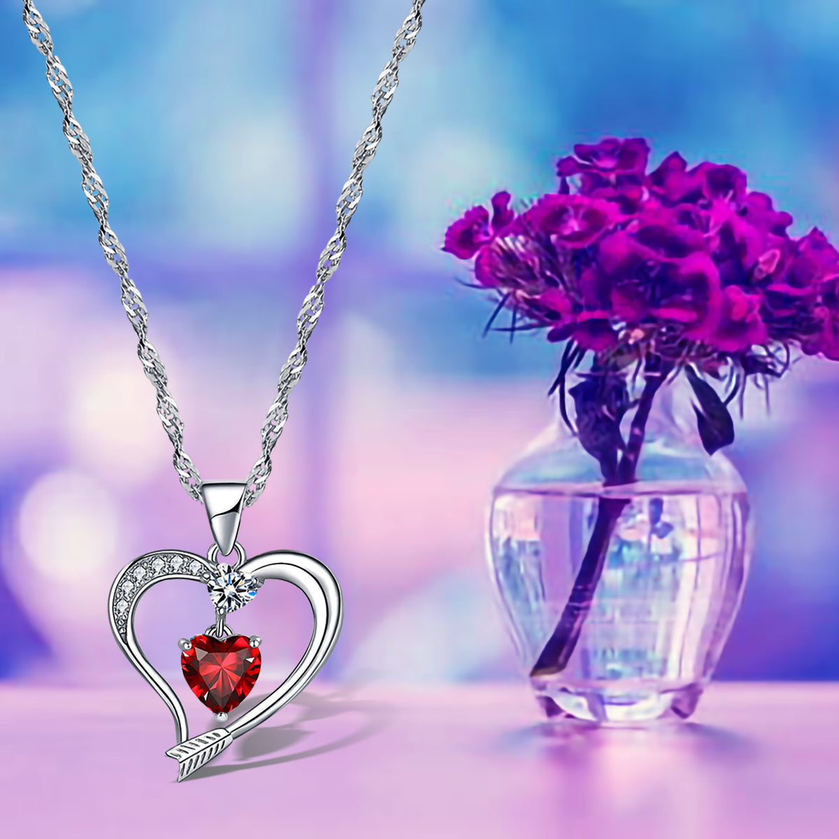 Arrow Heart Birthstone Garnet Necklace (JAN-01)