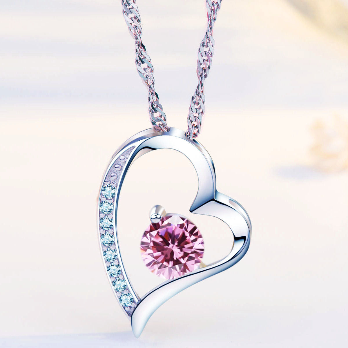 Birthstone Tourmaline Heart Pendant Necklace (OCT-10)