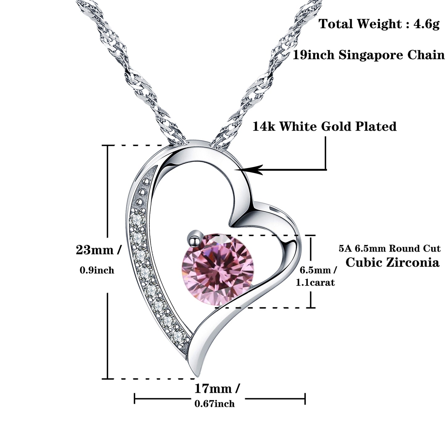 Birthstone Tourmaline Heart Pendant Necklace (OCT-10)