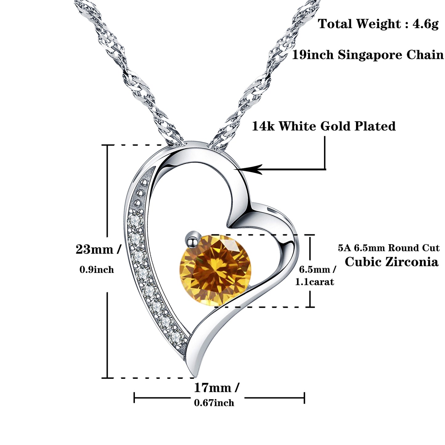 Birthstone Topaz Heart Pendant Necklace (NOV-11)