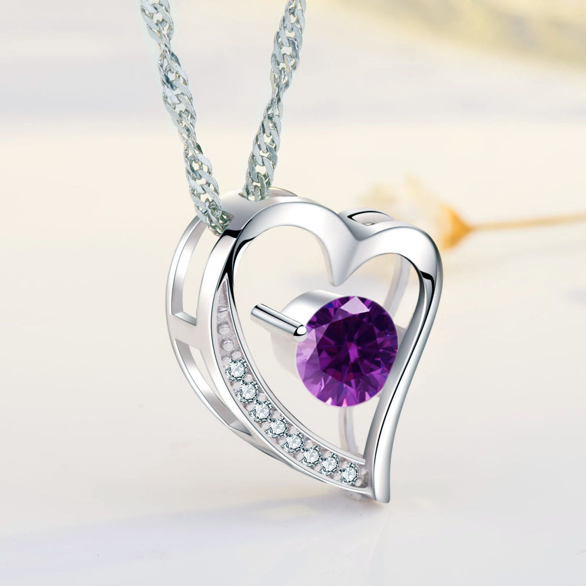 Birthstone Amethyst Heart Pendant Necklace (FEB-02)