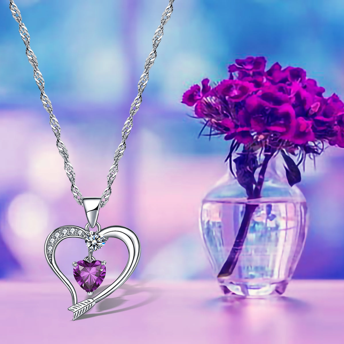 Arrow Heart Birthstone Amethyst Necklace (FEB-02)