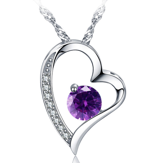 Birthstone Amethyst Heart Pendant Necklace (FEB-02)