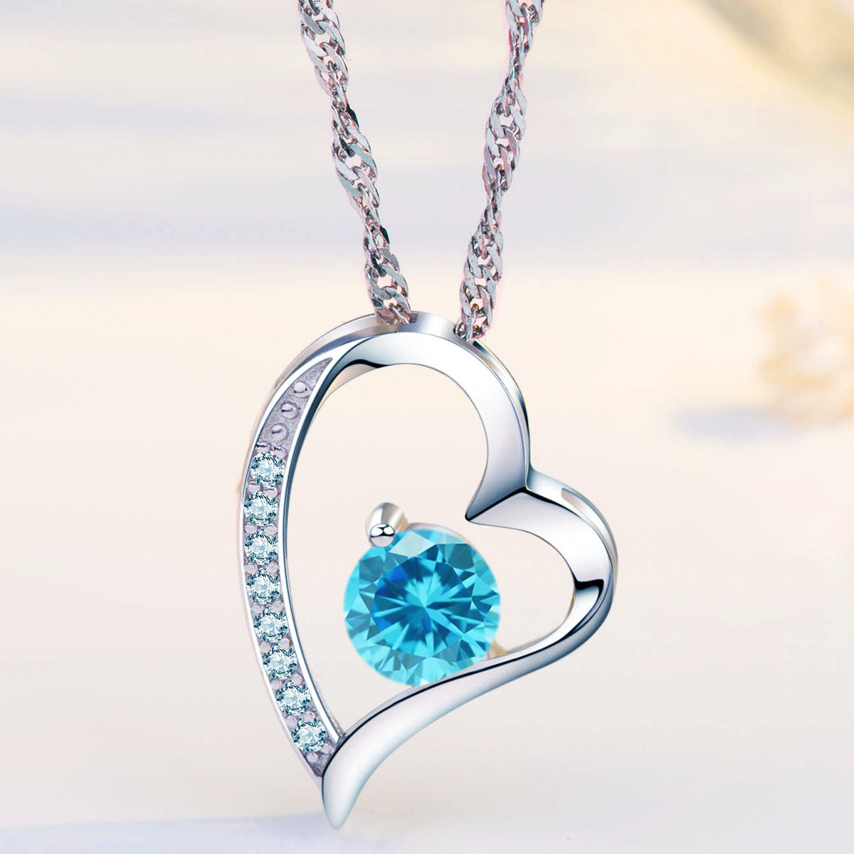 Birthstone Aquamarine Heart Pendant Necklace (MAR-03)