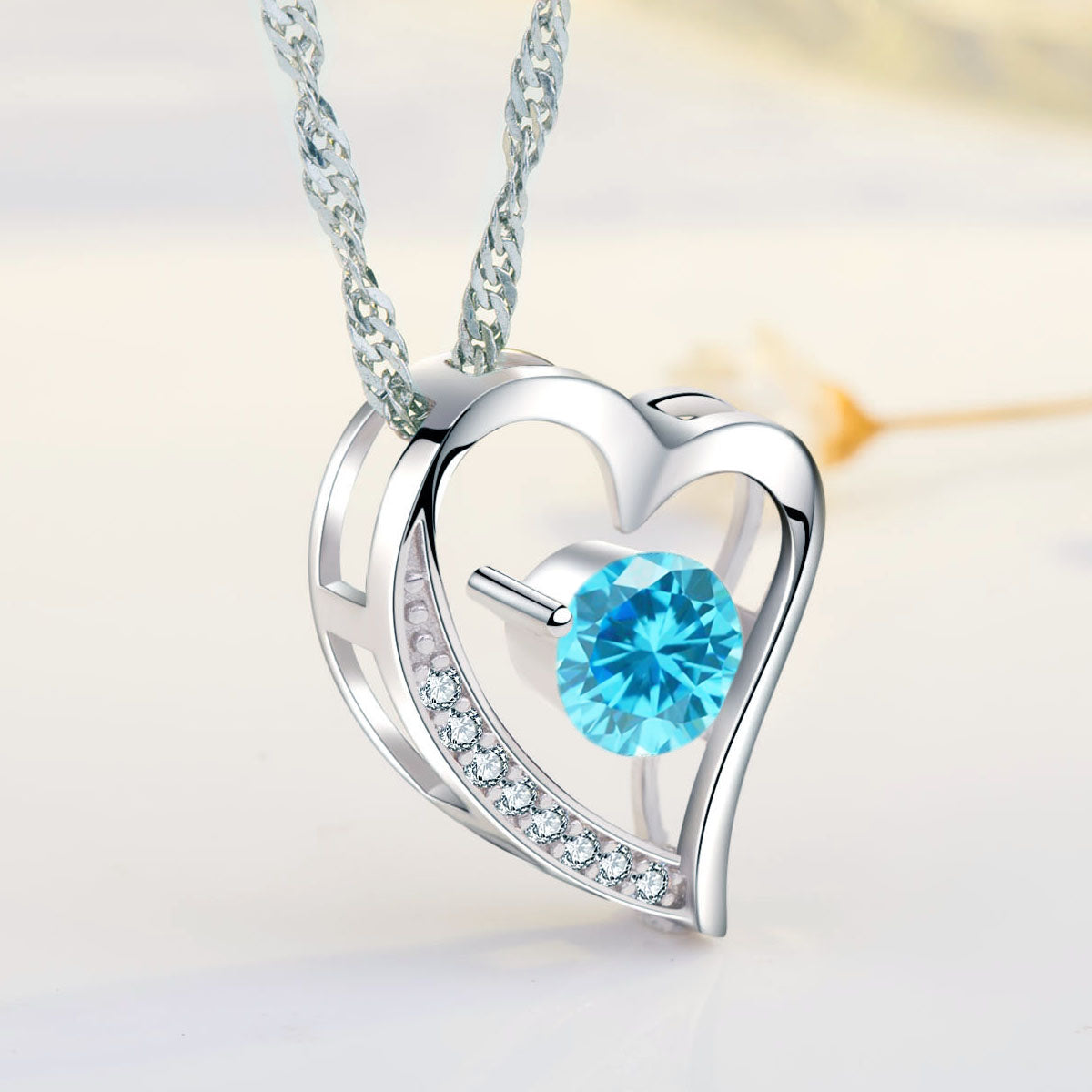 Birthstone Aquamarine Heart Pendant Necklace (MAR-03)