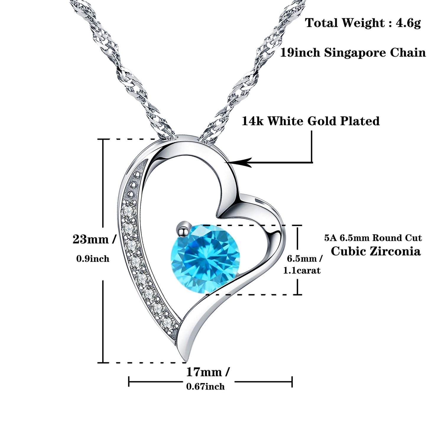 Birthstone Aquamarine Heart Pendant Necklace (MAR-03)