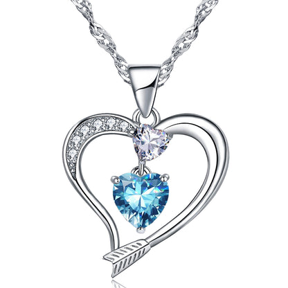 Arrow Heart Birthstone Aquamarine Necklace (MAR-03)