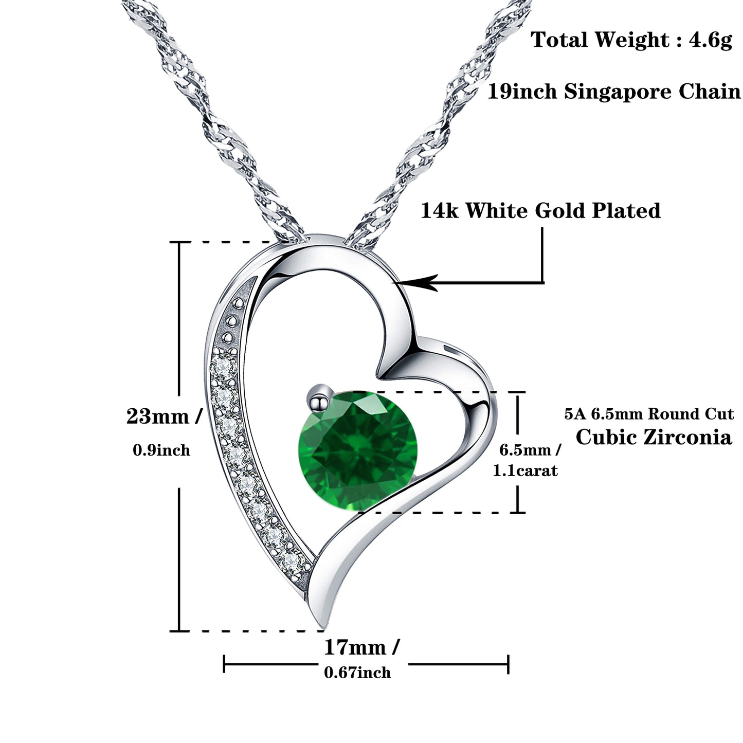 Birthstone Emerald Heart Pendant Necklace (MAY-05)