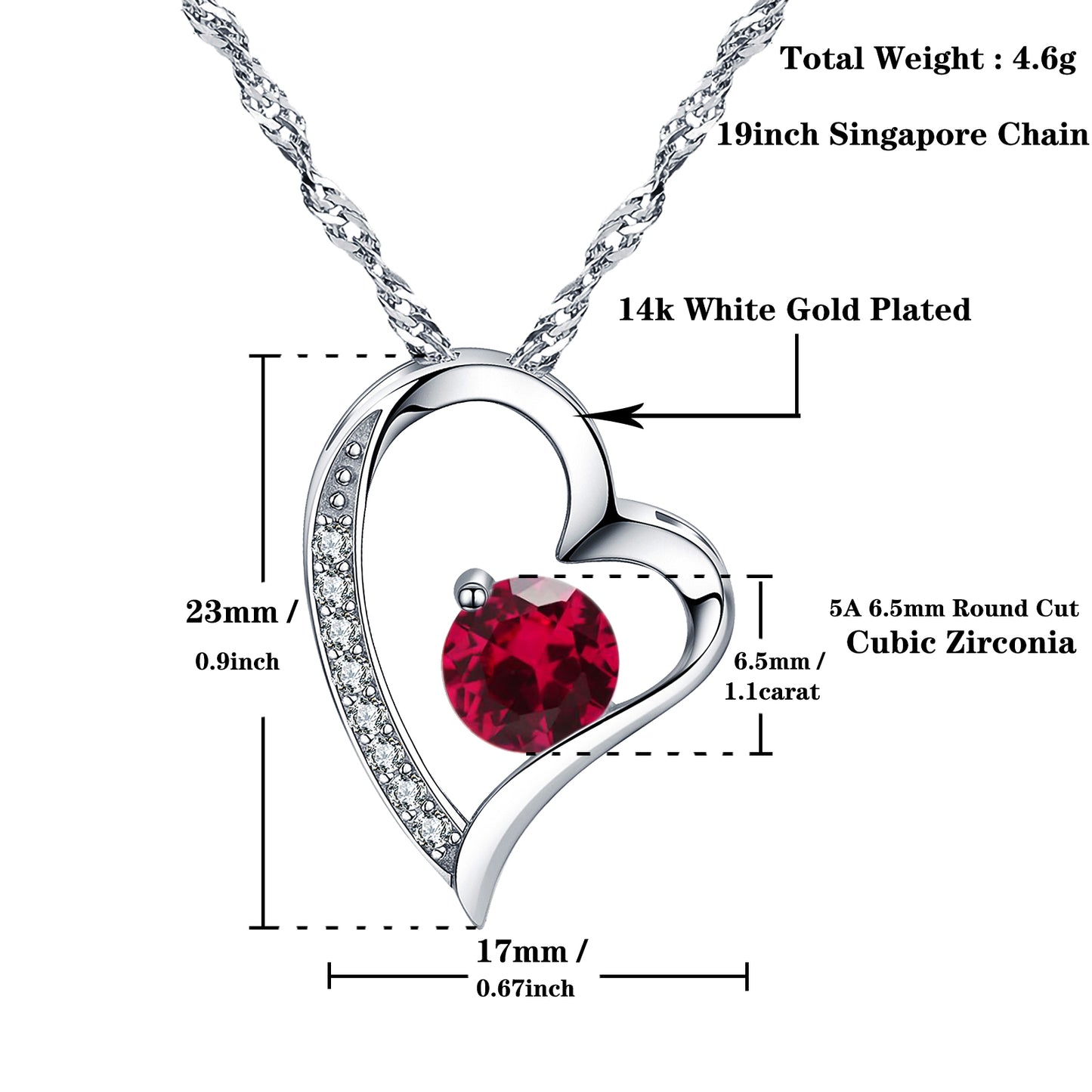 Birthstone Ruby Heart Pendant Necklace (Jul-07)