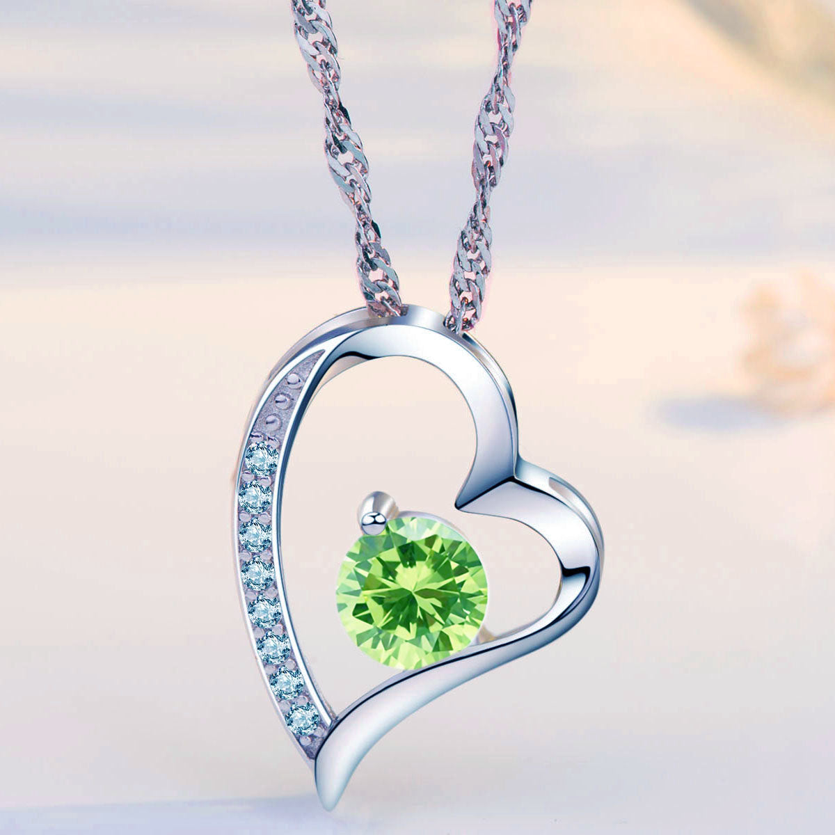 Birthstone Peridot Heart Pendant Necklace (AUG-08)