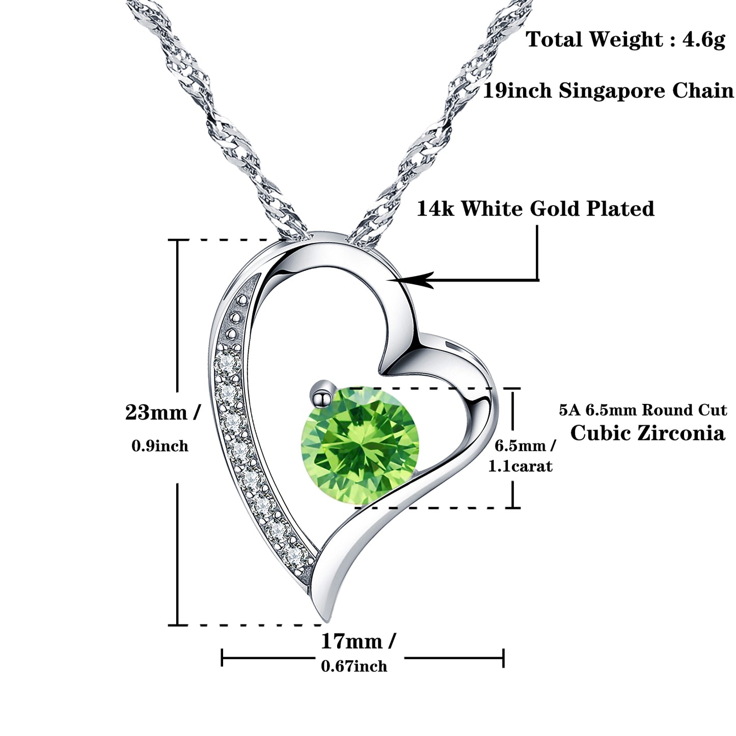 Birthstone Peridot Heart Pendant Necklace (AUG-08)