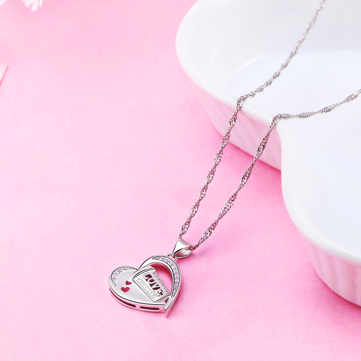 White Gold Filled CZ Diamond Love Cup Heart Necklace