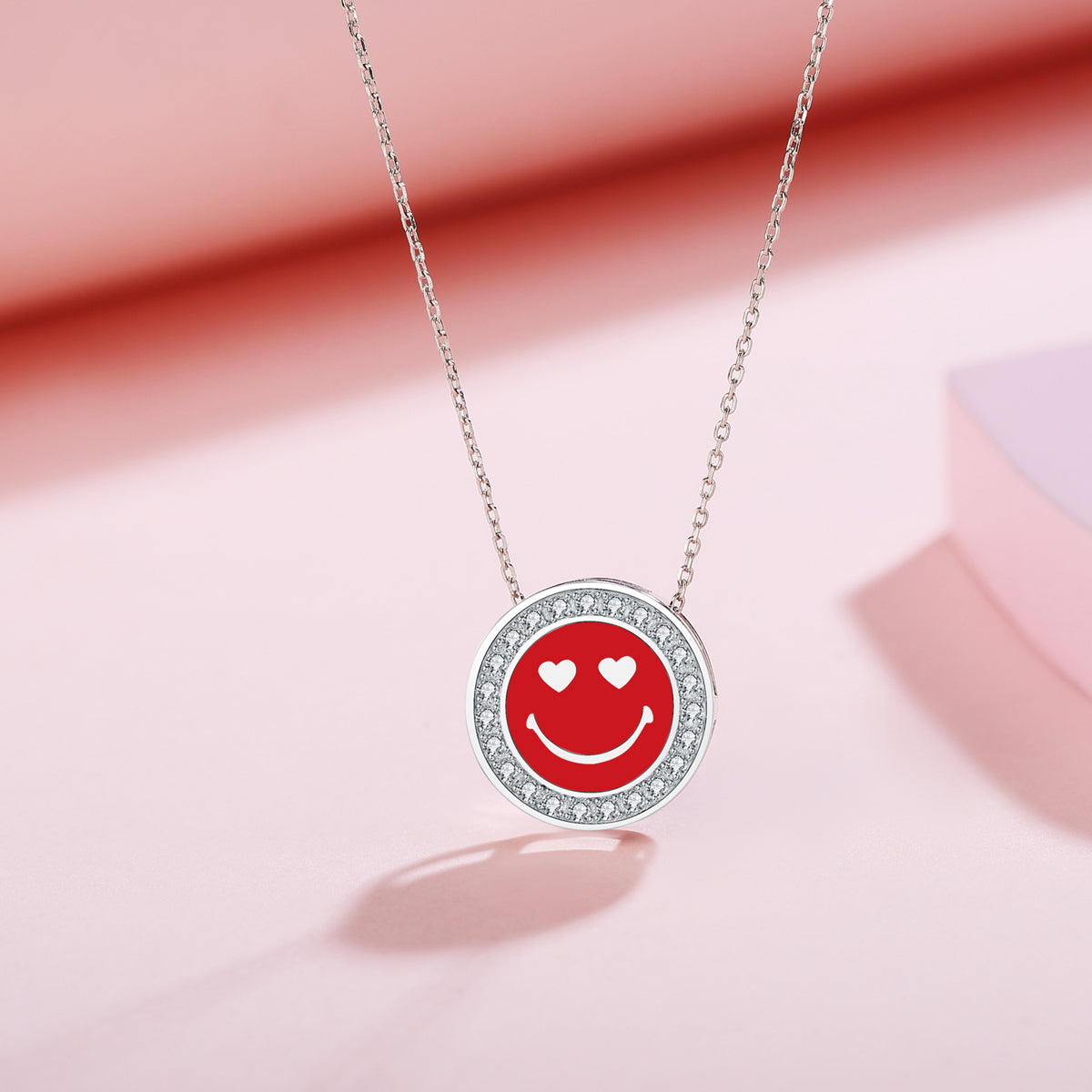 Sterling Silver CZ Diamond Enamel Happy Face Necklace