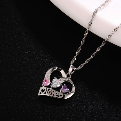 14k White Gold Plated 3 Heart Crystal Heart Pendant Necklace