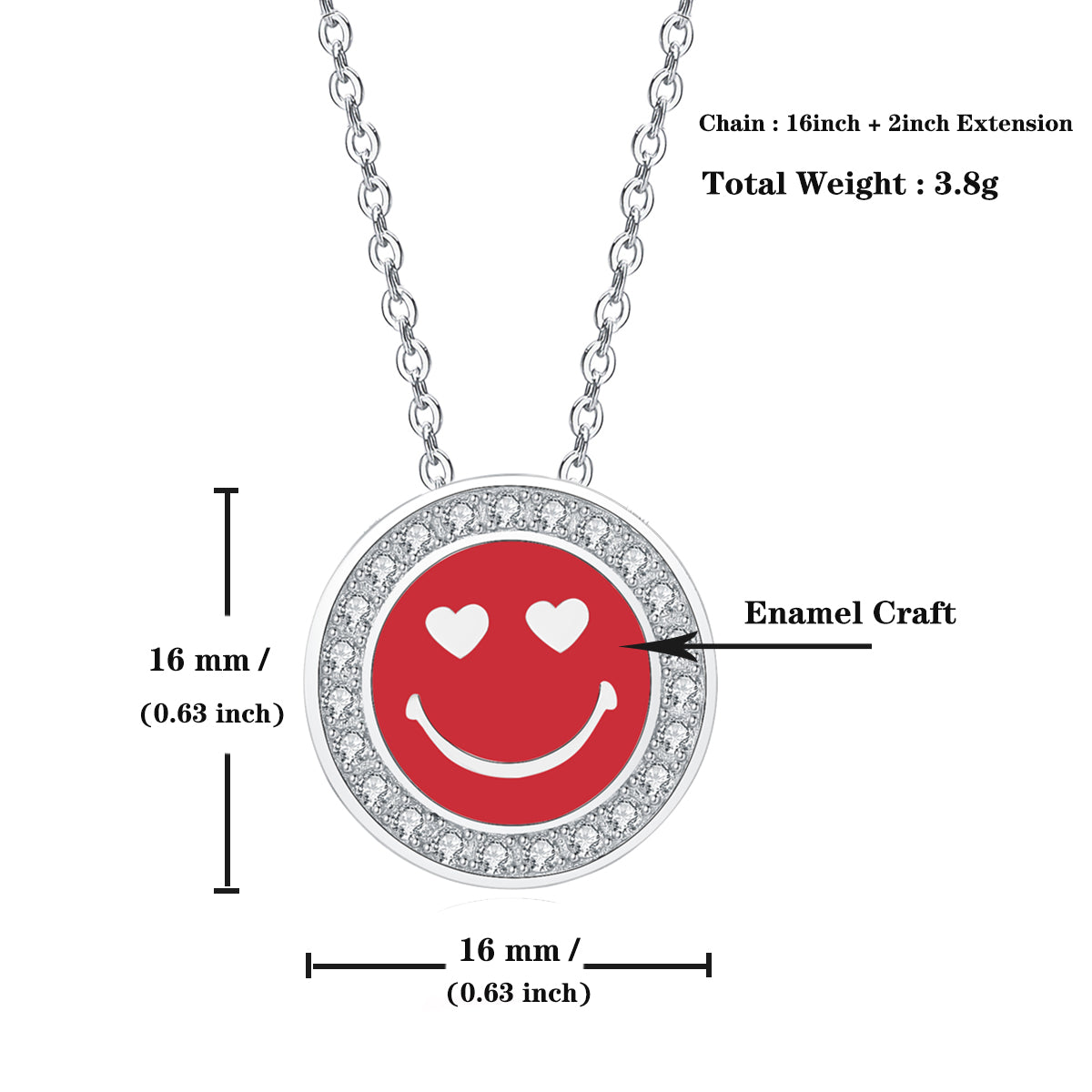 Sterling Silver CZ Diamond Enamel Happy Face Necklace