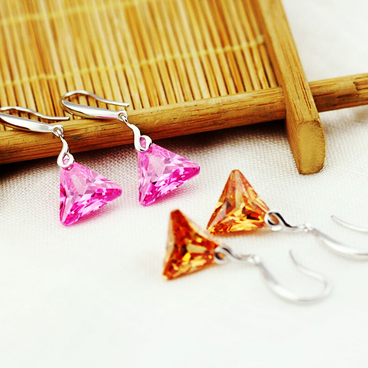 925 Sterling Silver Triangle Crystal Dangle Earrings