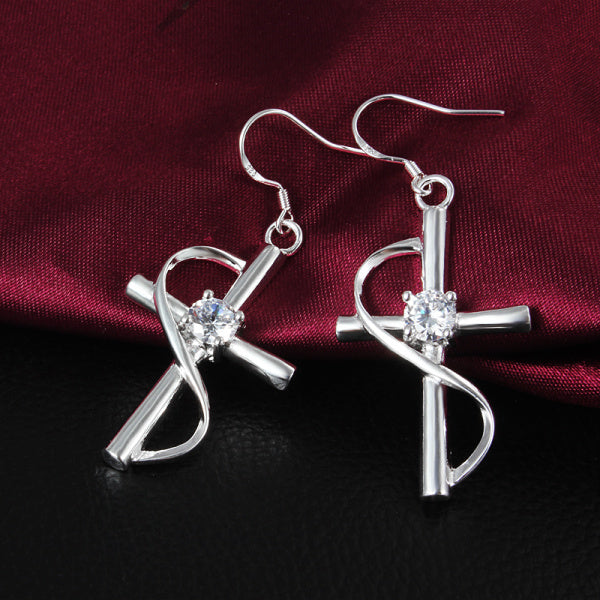 925 Sterling Silver Plated Unique Cross Dangle Earrings