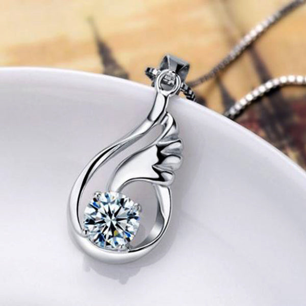 White Gold Plated Cubic Zirconia Angel Wing Pendant Necklace