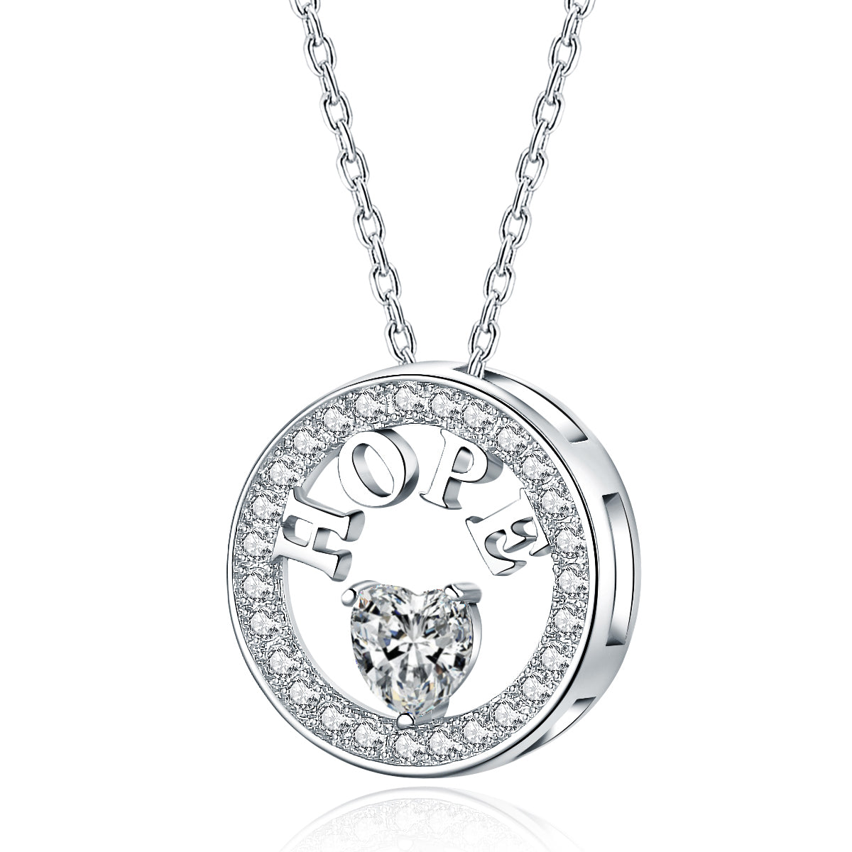 925 Sterling Silver Created Diamond "HOPE" Round Pendant Necklace