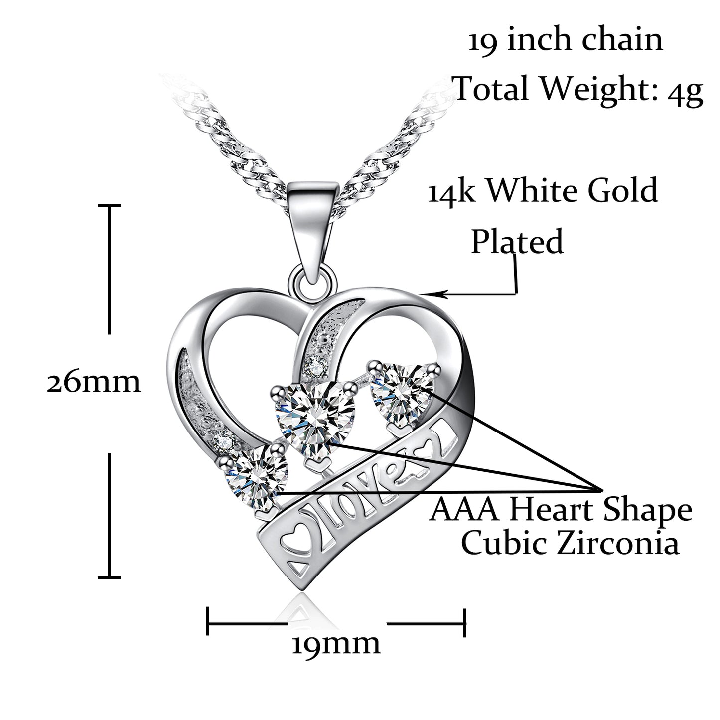 14k White Gold Plated 3 Heart Crystal Heart Pendant Necklace