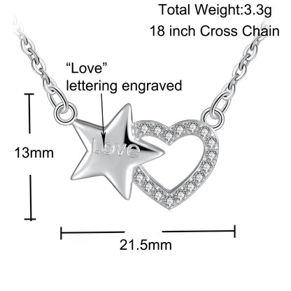 CZ Diamond Heart and Star Pendant Necklace