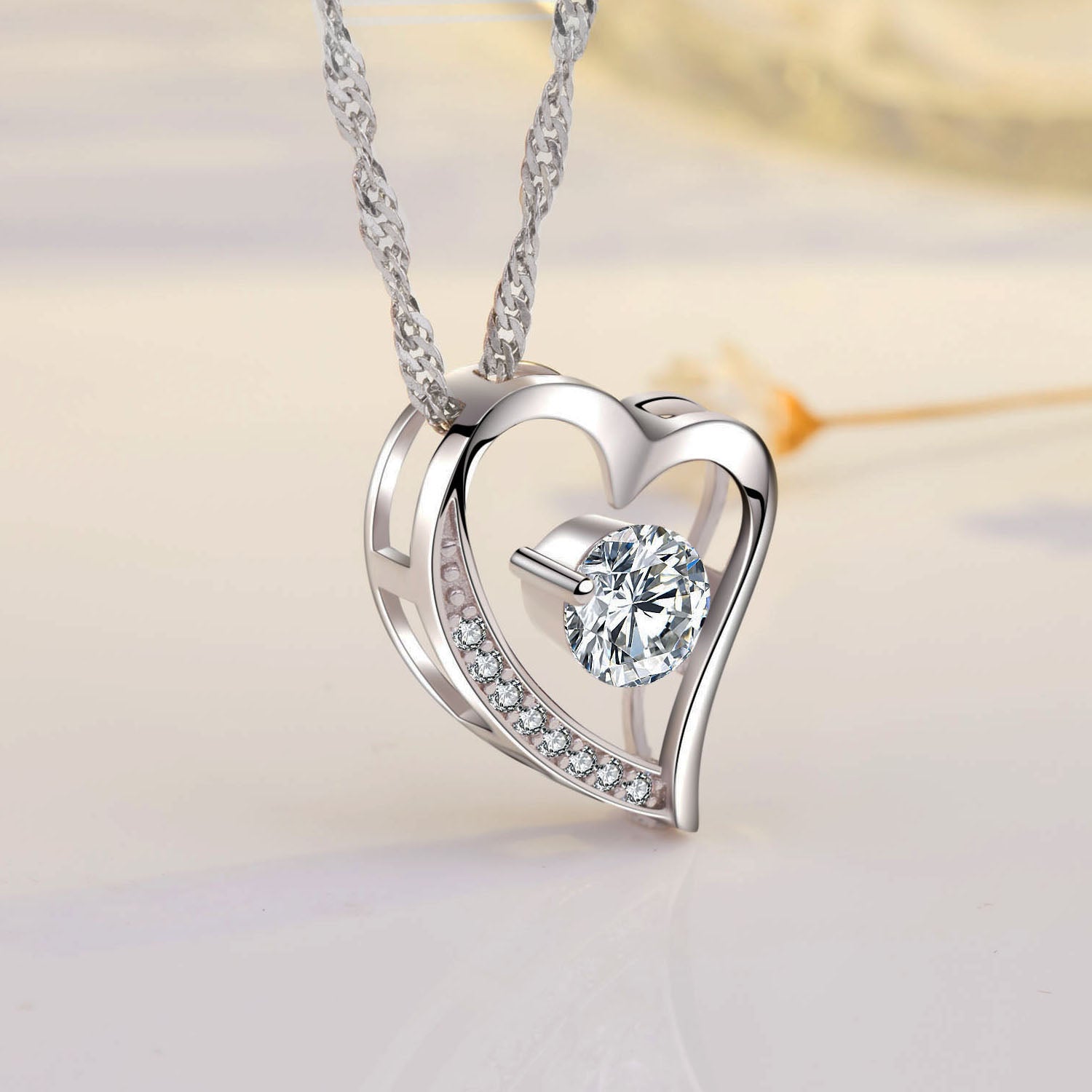 14k White Gold Plated CZ Daimond Heart Pendant Necklace – Emma Manor