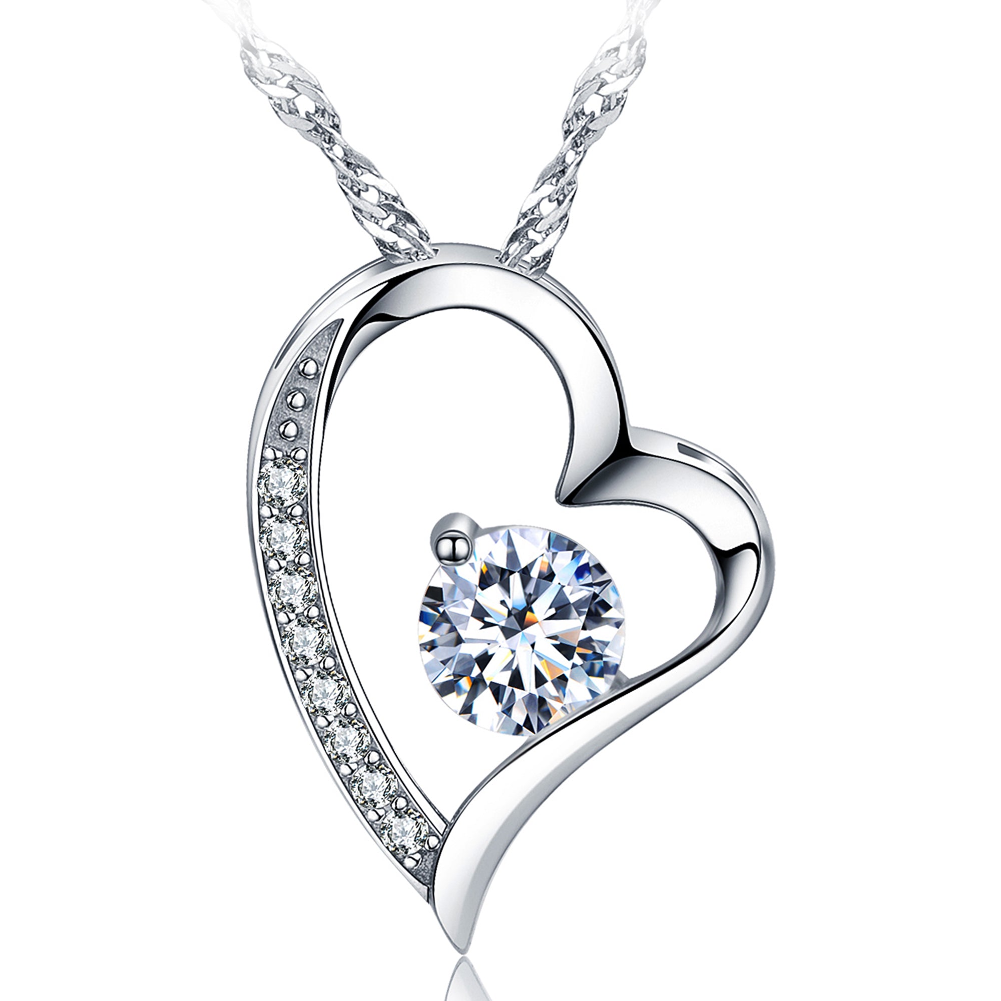 14k White Gold Plated CZ Daimond Heart Pendant Necklace – Emma Manor