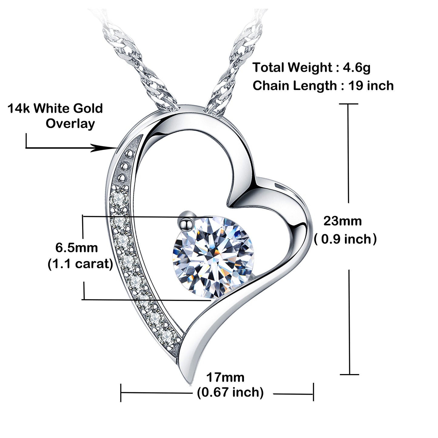 14k White Gold Plated CZ Daimond Heart Pendant Necklace