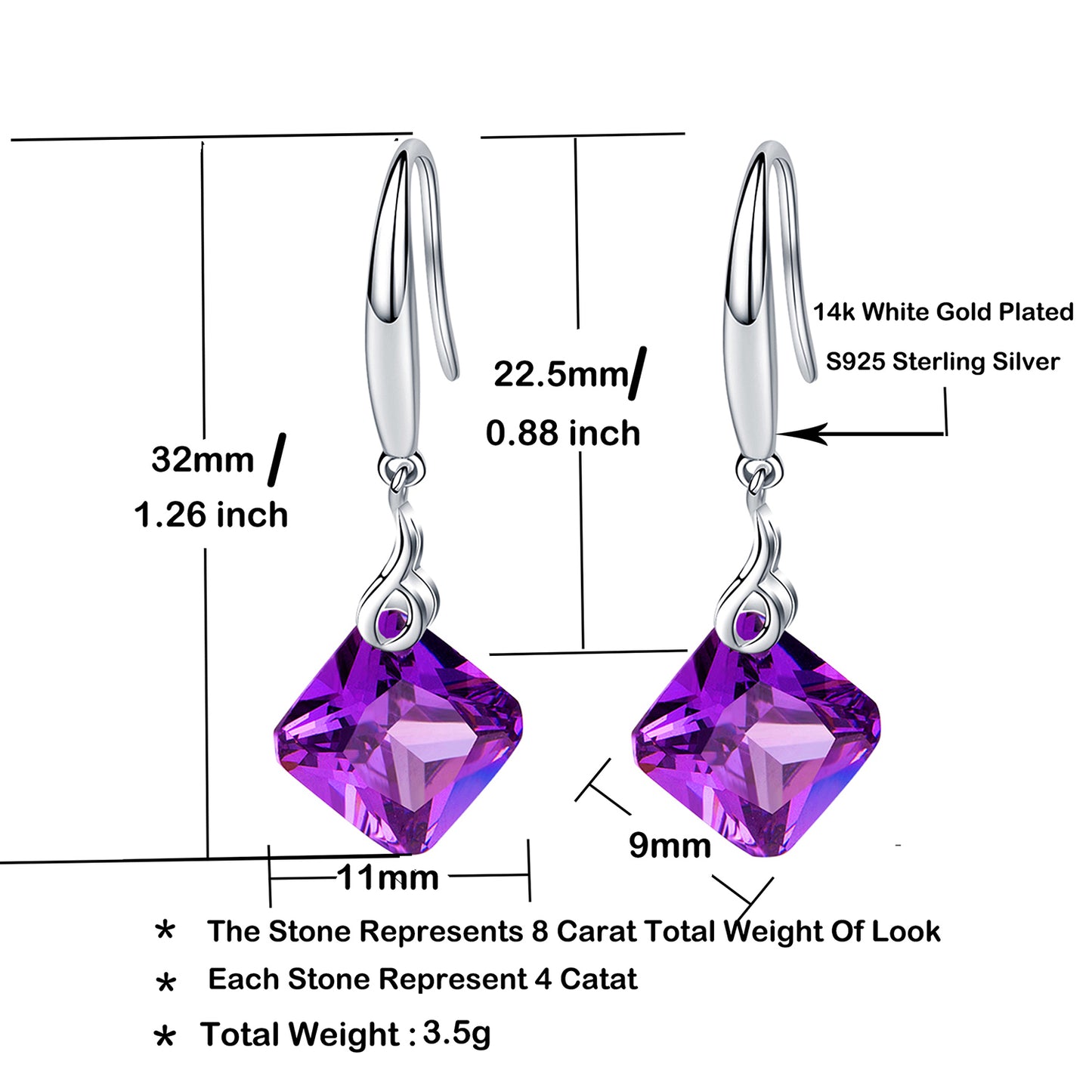 925 Silver Music Mark Square Shape CZ Dangle Earrings