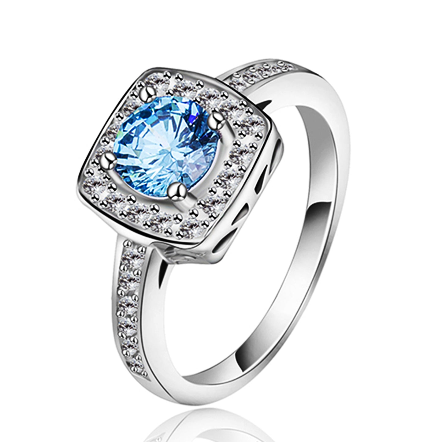 14k White Gold Plated 1 Ct Round Brilliant Blue Crystal Ring