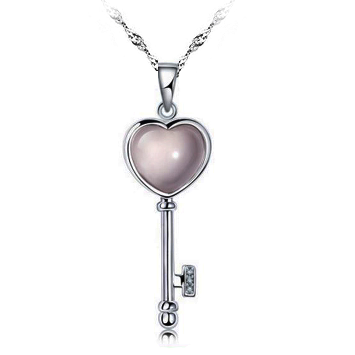 14k White Gold Plated Heart Moonstone Love Key Pendant Necklace