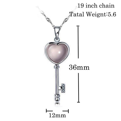 14k White Gold Plated Heart Moonstone Love Key Pendant Necklace