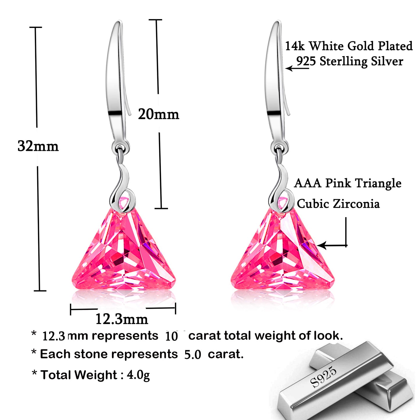 925 Sterling Silver Triangle Crystal Dangle Earrings