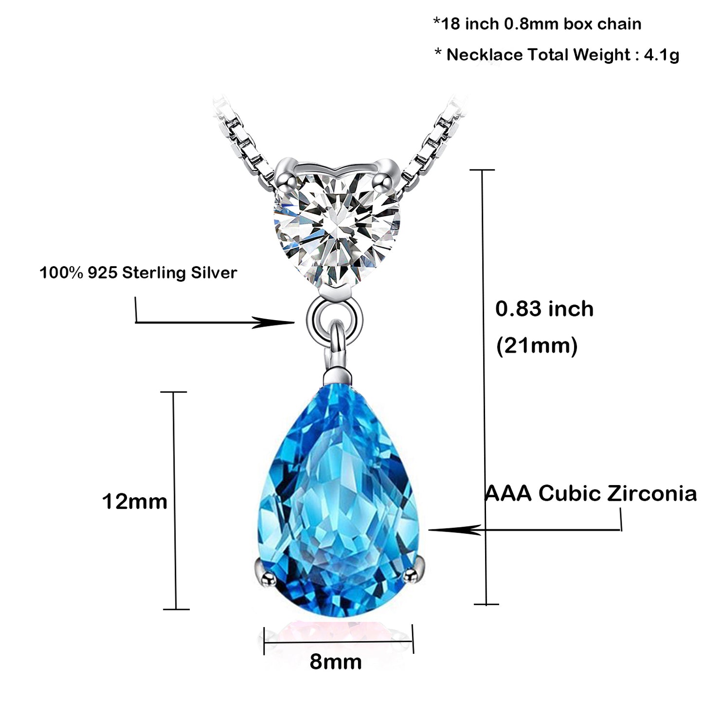 925 Sterling Silver Pear Shape Crystal Pendant Necklace