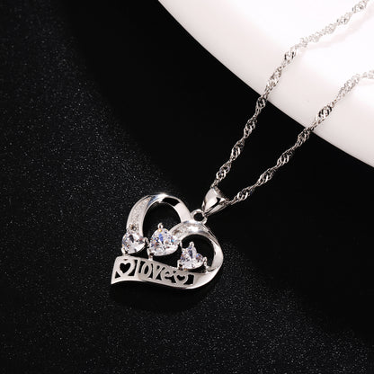 14k White Gold Plated 3 Heart Crystal Heart Pendant Necklace