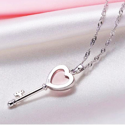 14k White Gold Plated Heart Moonstone Love Key Pendant Necklace