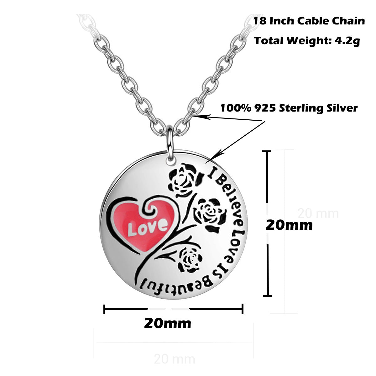 925 Sterling Silver Lover Heart Engraved Pendant Necklace