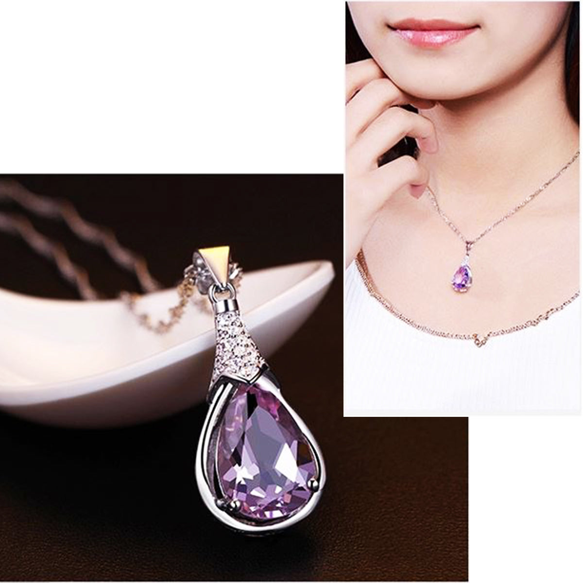 14k White Gold Plated Pear Shape Crystal Necklace