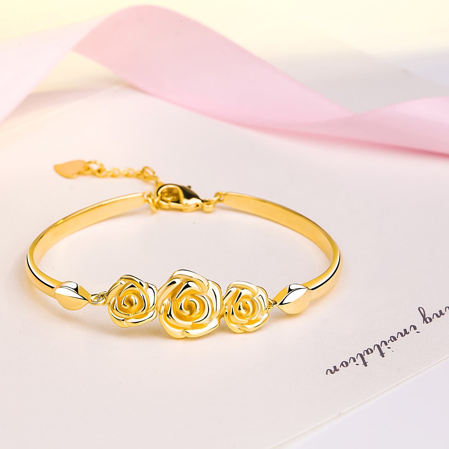 14k Gold Plated Fashion Rose Flower Link Bangle Bracelets