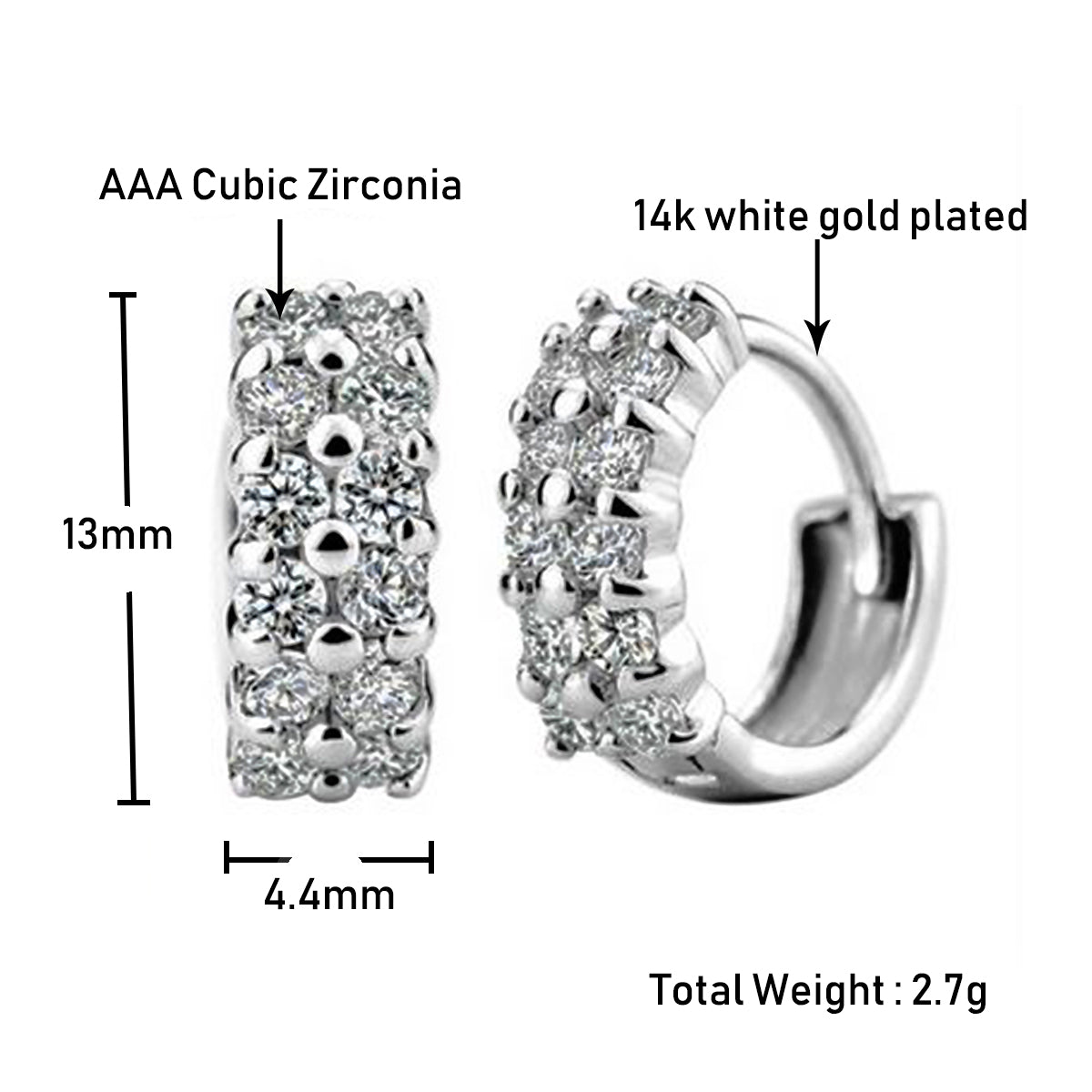 14k White Gold Plated CZ Diamond Ear Hoop