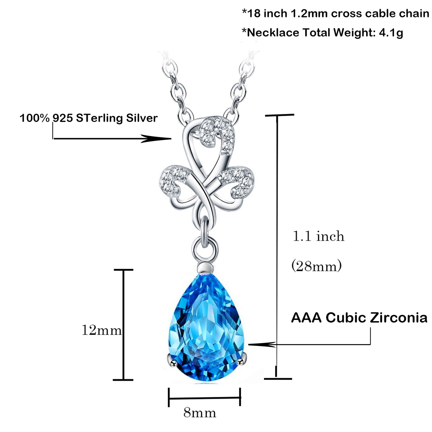 925 Sterling Silver Pear Shape Crystal Pendant Necklace