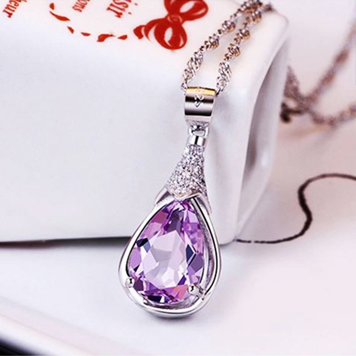 14k White Gold Plated Pear Shape Crystal Necklace