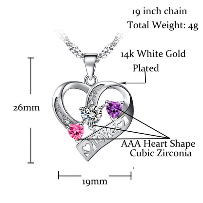 14k White Gold Plated 3 Heart Crystal Heart Pendant Necklace