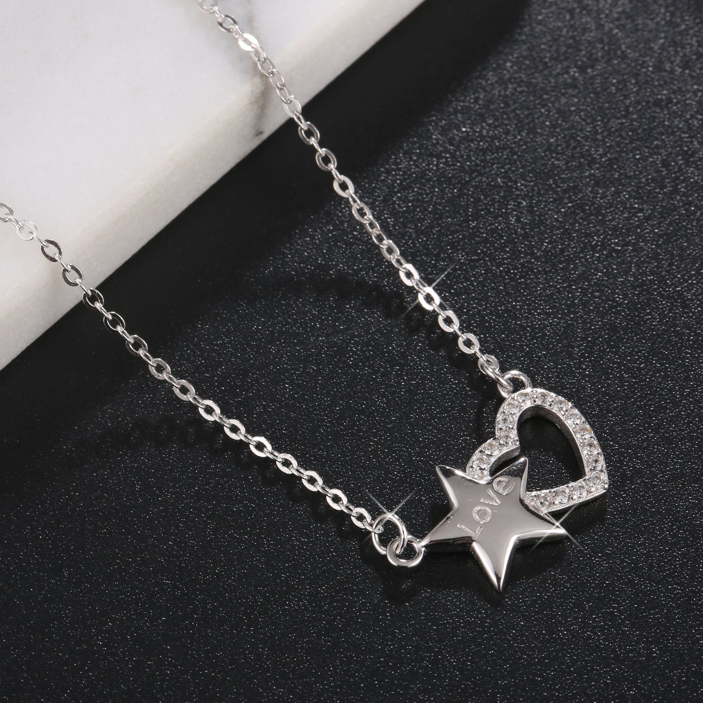 CZ Diamond Heart and Star Pendant Necklace