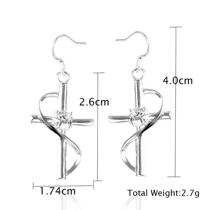 925 Sterling Silver Plated Unique Cross Dangle Earrings