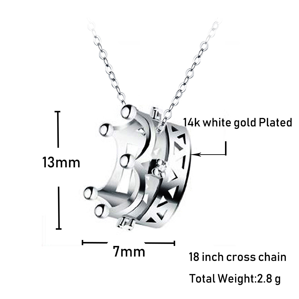 14k White Gold Plated Princess Crown Pendant Necklace