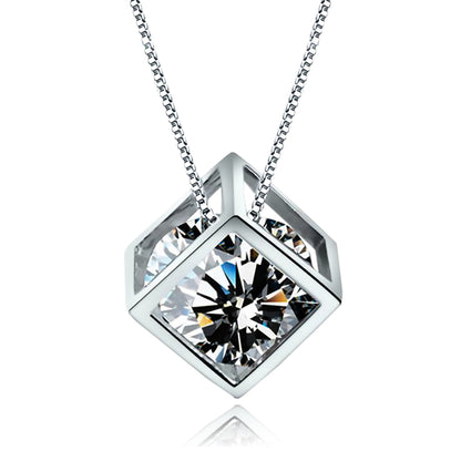 White Gold Plated CZ Diamond Cubic Pendant Necklace