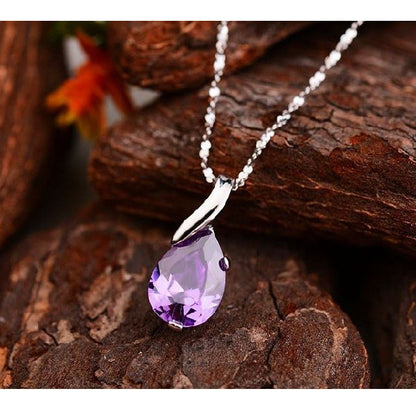 White Gold Plated Purple Crystal Angel Tear Pendant Necklace