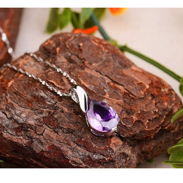 White Gold Plated Purple Crystal Angel Tear Pendant Necklace